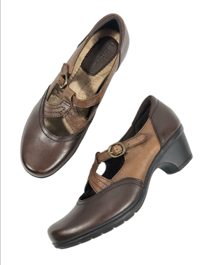 Earth Origins Regina Two Tone Brown Tan Leather T-Strap Low Block Heel Mary Jane